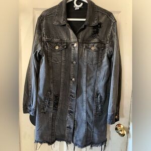 Women’s Distressed Long Jean Jacket - Black Wash